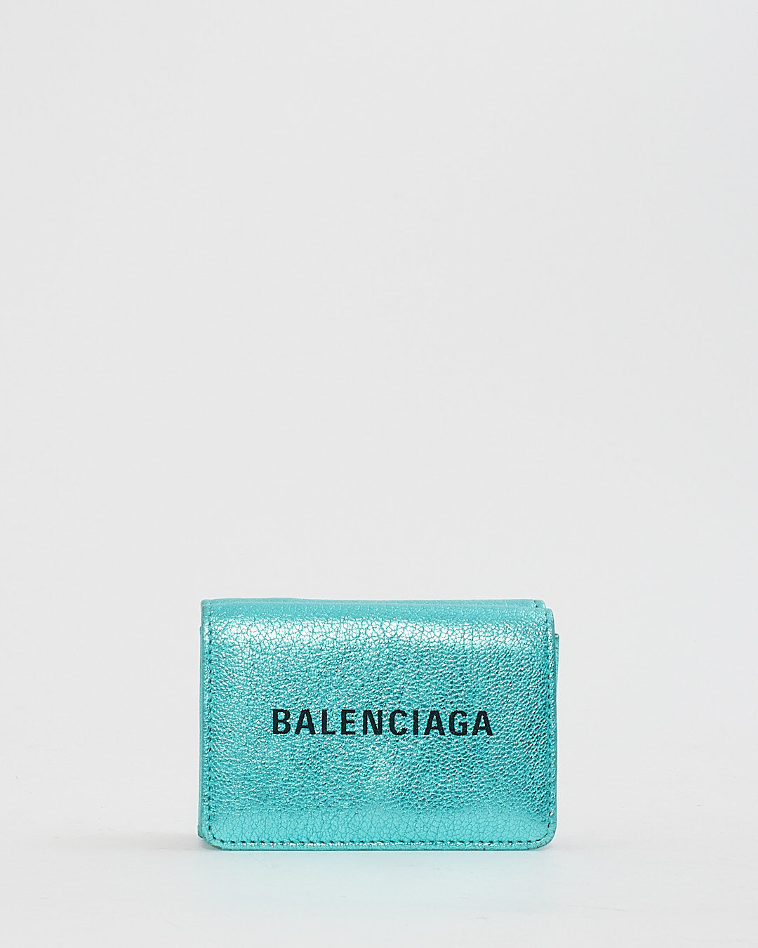 Balenciaga Blue Metallic Leather Logo Small Trifold Wallet