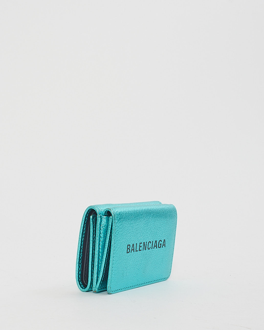 Balenciaga Blue Metallic Leather Logo Small Trifold Wallet