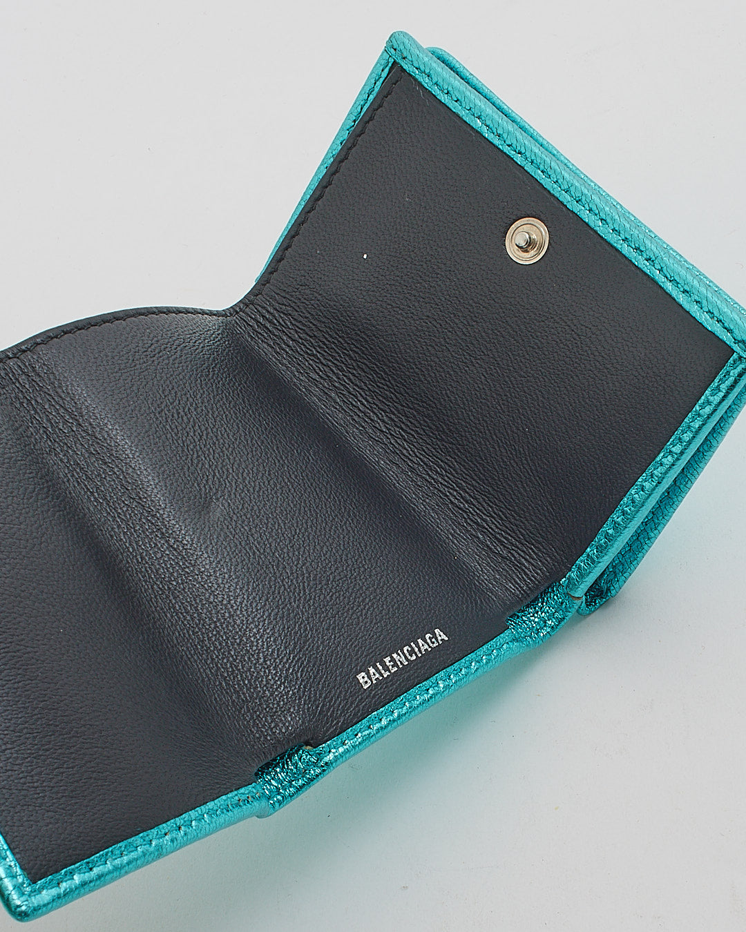 Balenciaga Blue Metallic Leather Logo Small Trifold Wallet