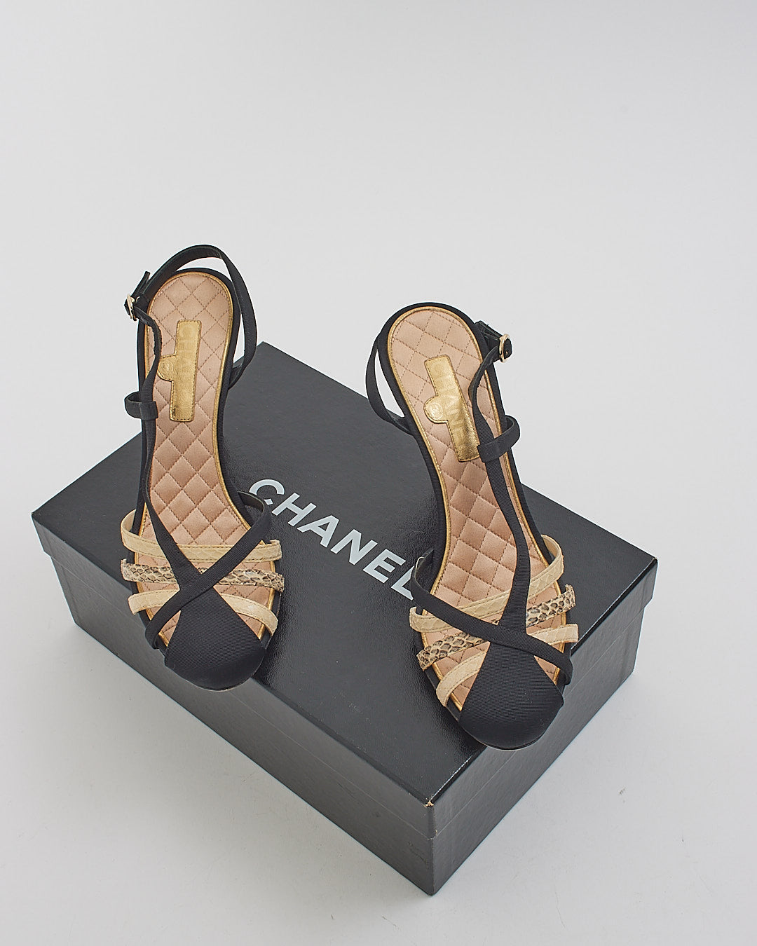 Chanel Black Snake Print Cage Sling Back Sandal - 37.5