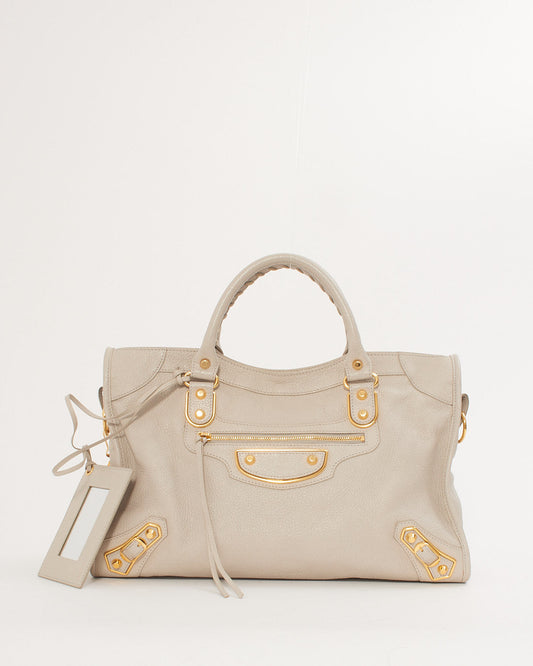 Balenciaga Light Grey Motocross Metallic Edge City Bag