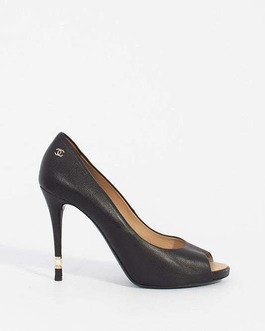 Chanel Black Leather CC Pearl Embellished Heel Peep Toe Pumps - 39.5