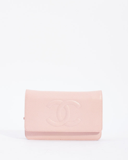 Chanel Pink Caviar Leather Timeless CC Wallet On Chain with Silver Hardware