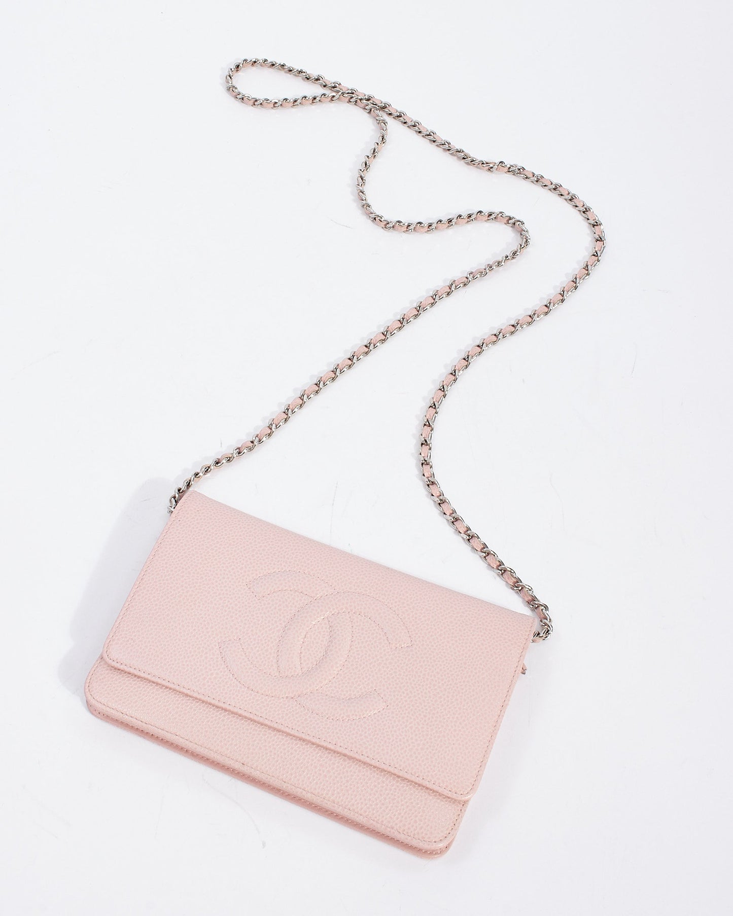 Chanel Pink Caviar Leather Timeless CC Wallet On Chain with Silver Hardware