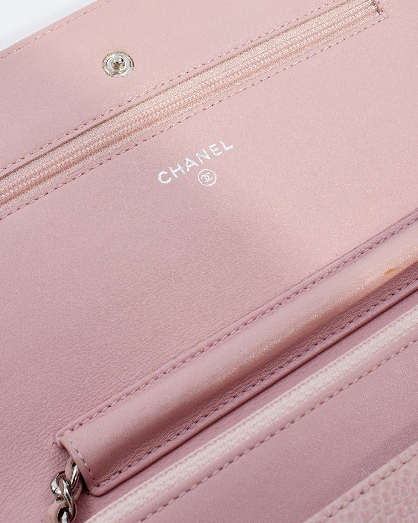Chanel Pink Caviar Leather Timeless CC Wallet On Chain with Silver Hardware