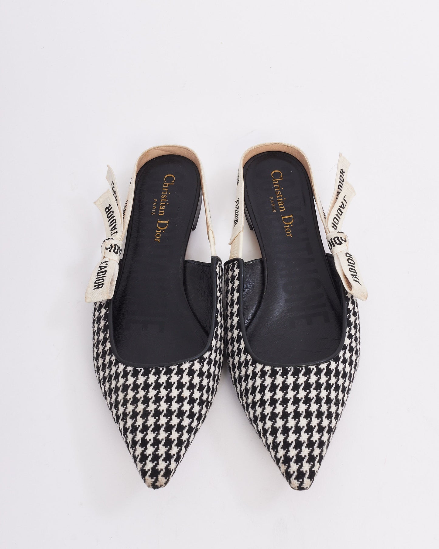 Dior Black & White Wool Houndstooth J'adior Slingback Flats - 39.5