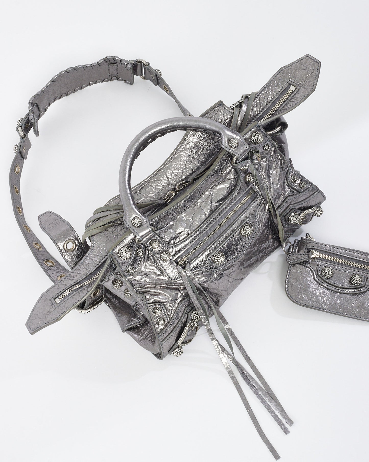 Balenciaga Gunmetal & Rhinestone Leather Neo Cagole XS Tote Bag