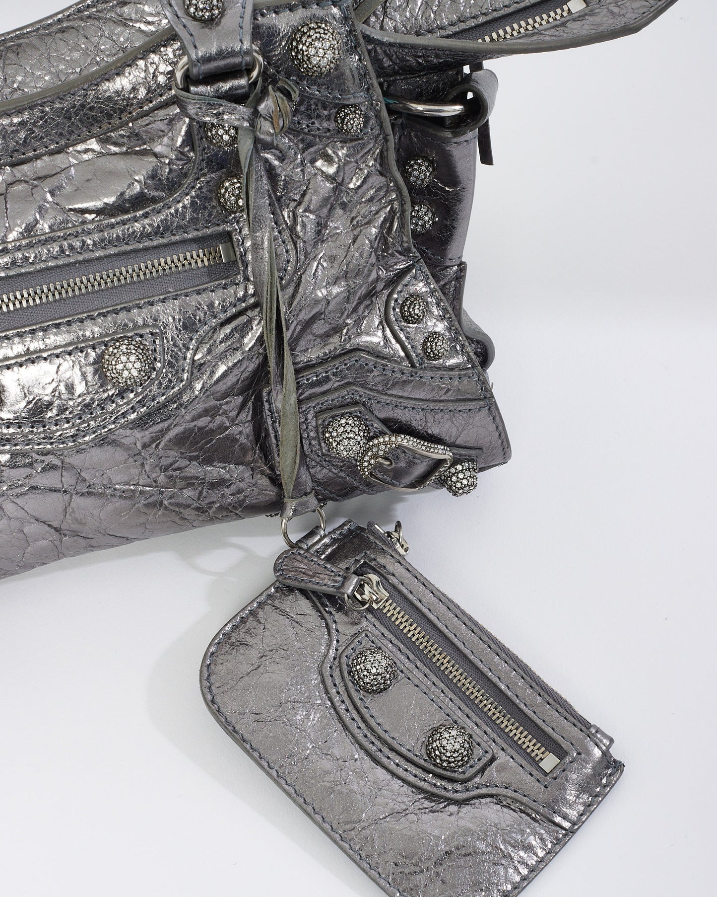 Balenciaga Gunmetal & Rhinestone Leather Neo Cagole XS Tote Bag