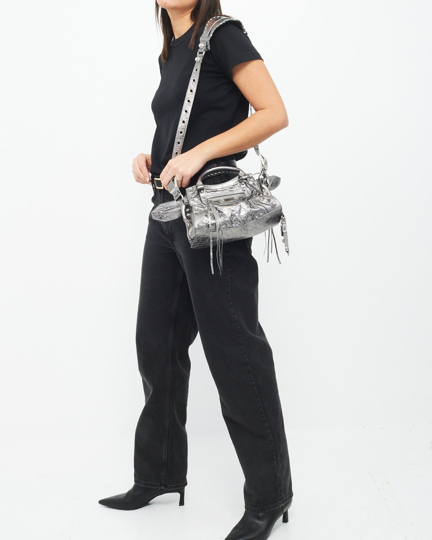 Balenciaga Gunmetal & Rhinestone Leather Neo Cagole XS Tote Bag