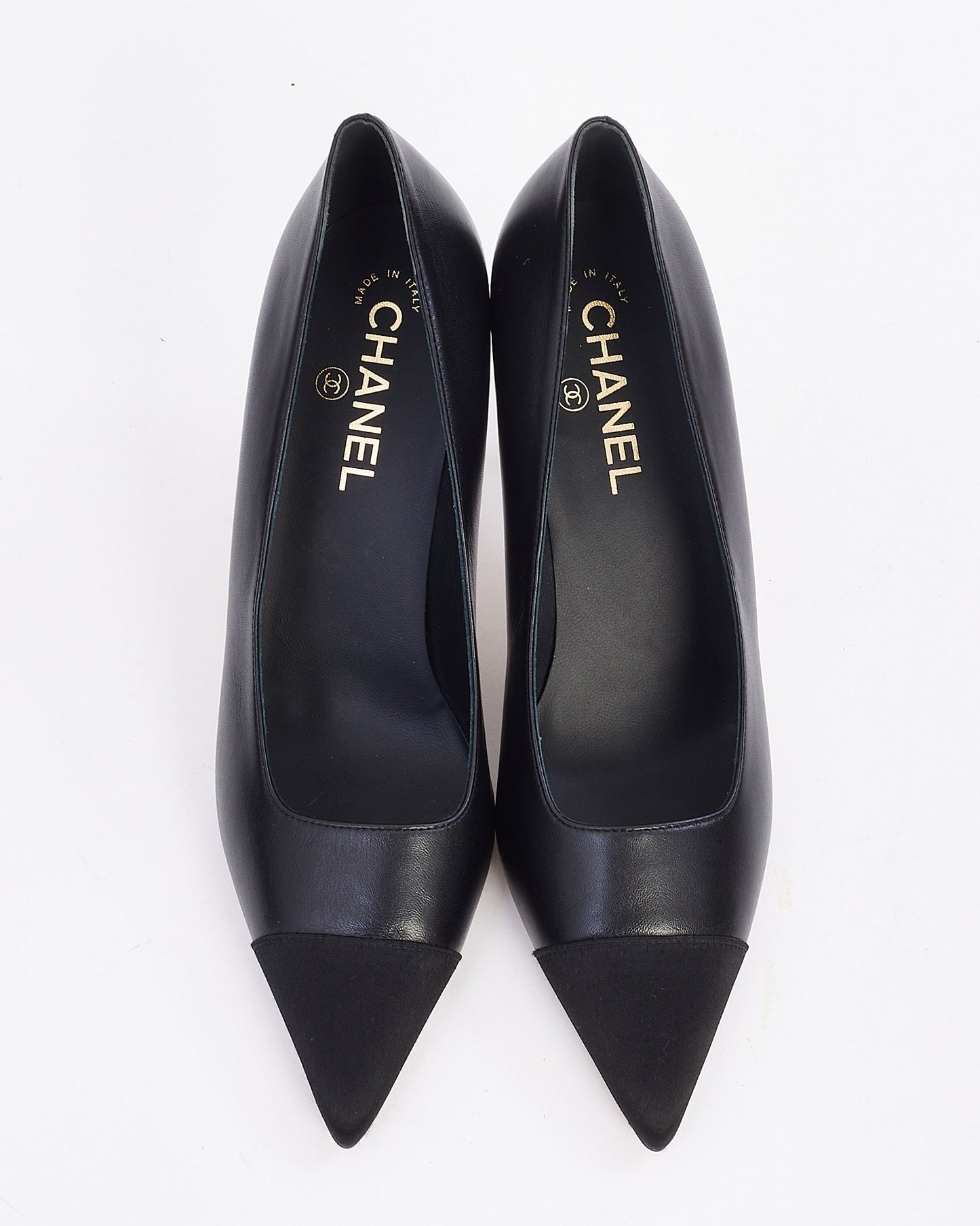 Chanel Black Lambskin Leather CC Heel Pointed Toe Pumps - 39.5