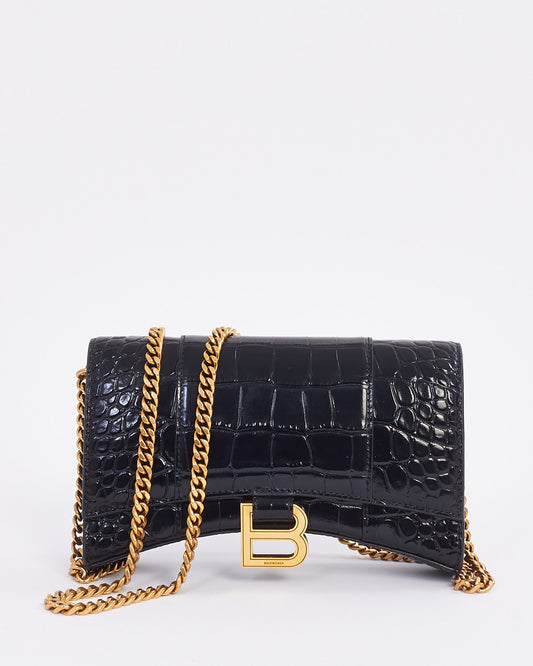 Balenciaga Black Croc Embossed Hourglass Chain Bag