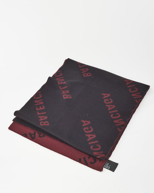Balenciaga Burgundy & Black Wool Logo Scarf