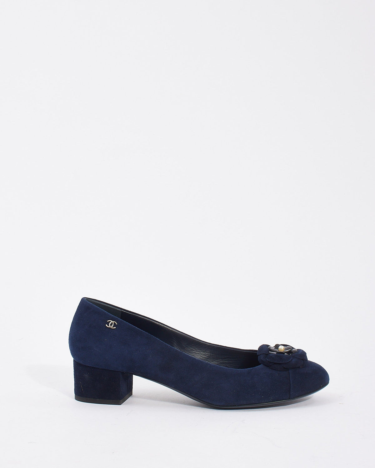 Chanel Navy Suede Camellia Flower Block Heel Pumps - 40