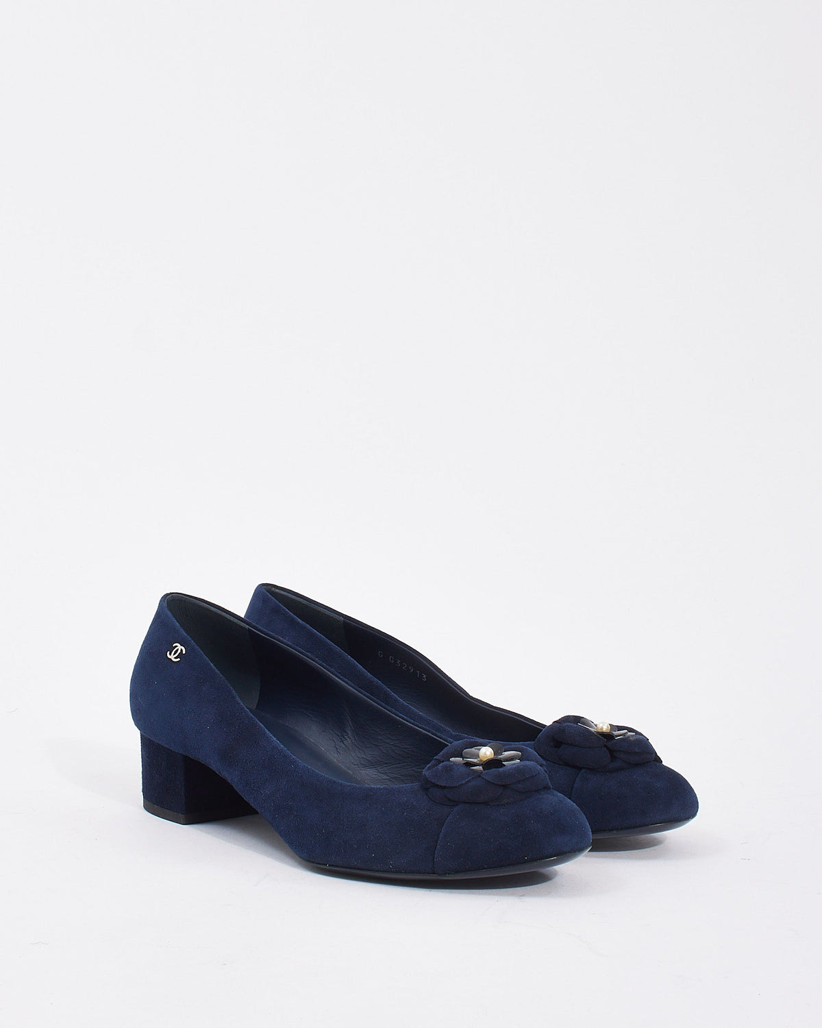 Chanel Navy Suede Camellia Flower Block Heel Pumps - 40