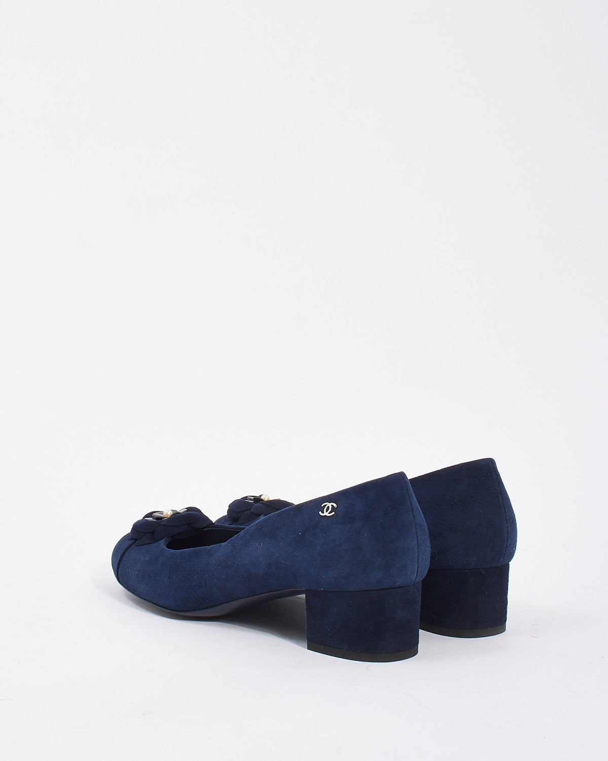 Chanel Navy Suede Camellia Flower Block Heel Pumps - 40