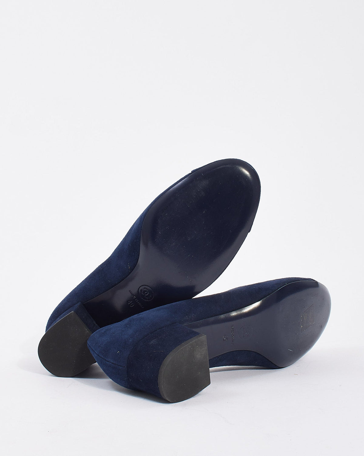 Chanel Navy Suede Camellia Flower Block Heel Pumps - 40