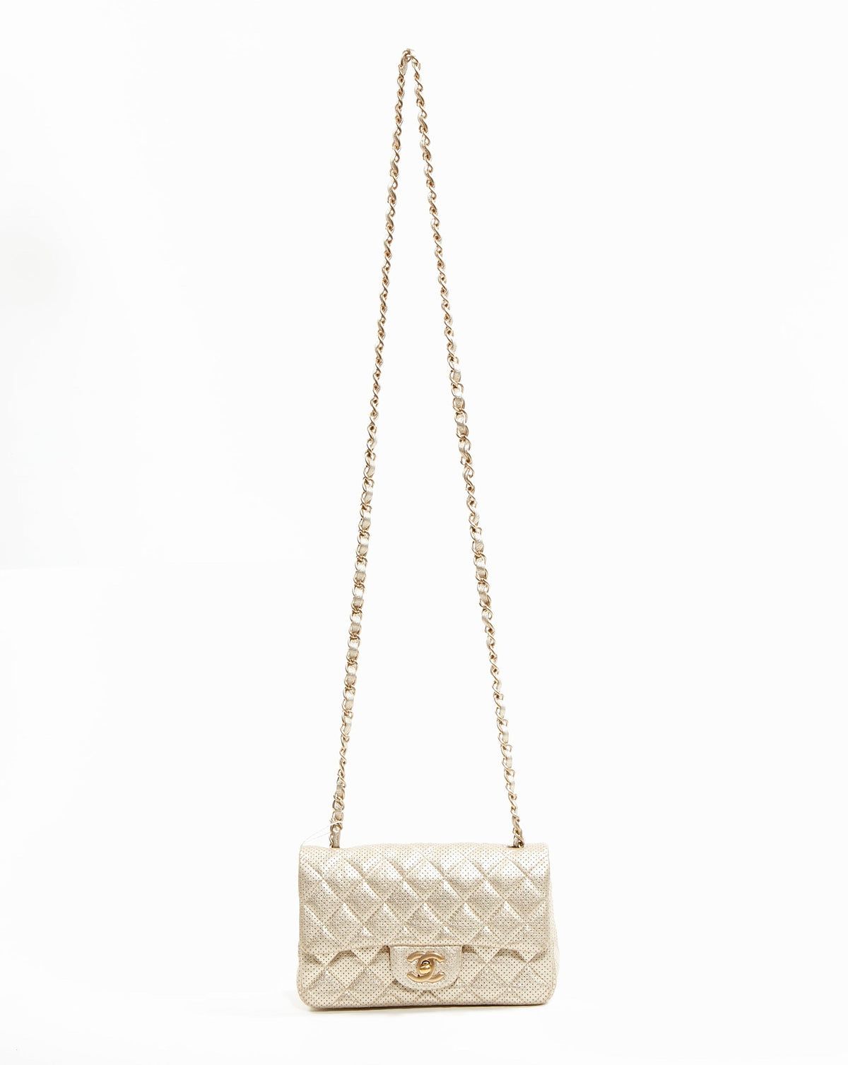 Chanel Gold Metallic Perforated Lambskin Mini Rectangular Classic Flap Bag