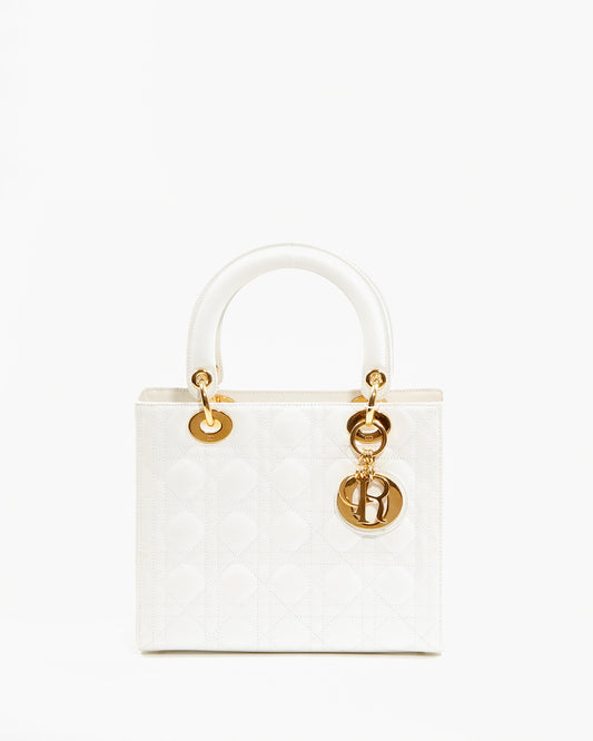 Dior White Patent Leather Cannage Medium Lady Dior Bag