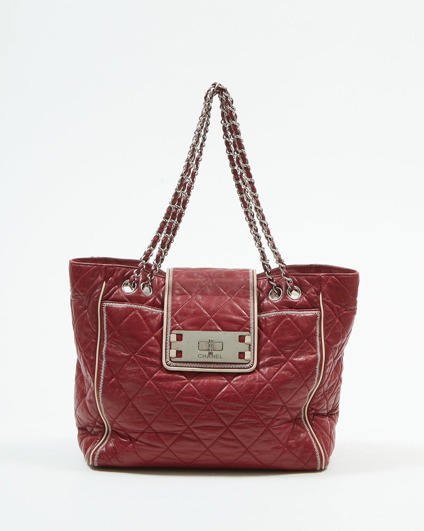 Chanel Red Burgundy Quilted Leather East West Reissue Tote