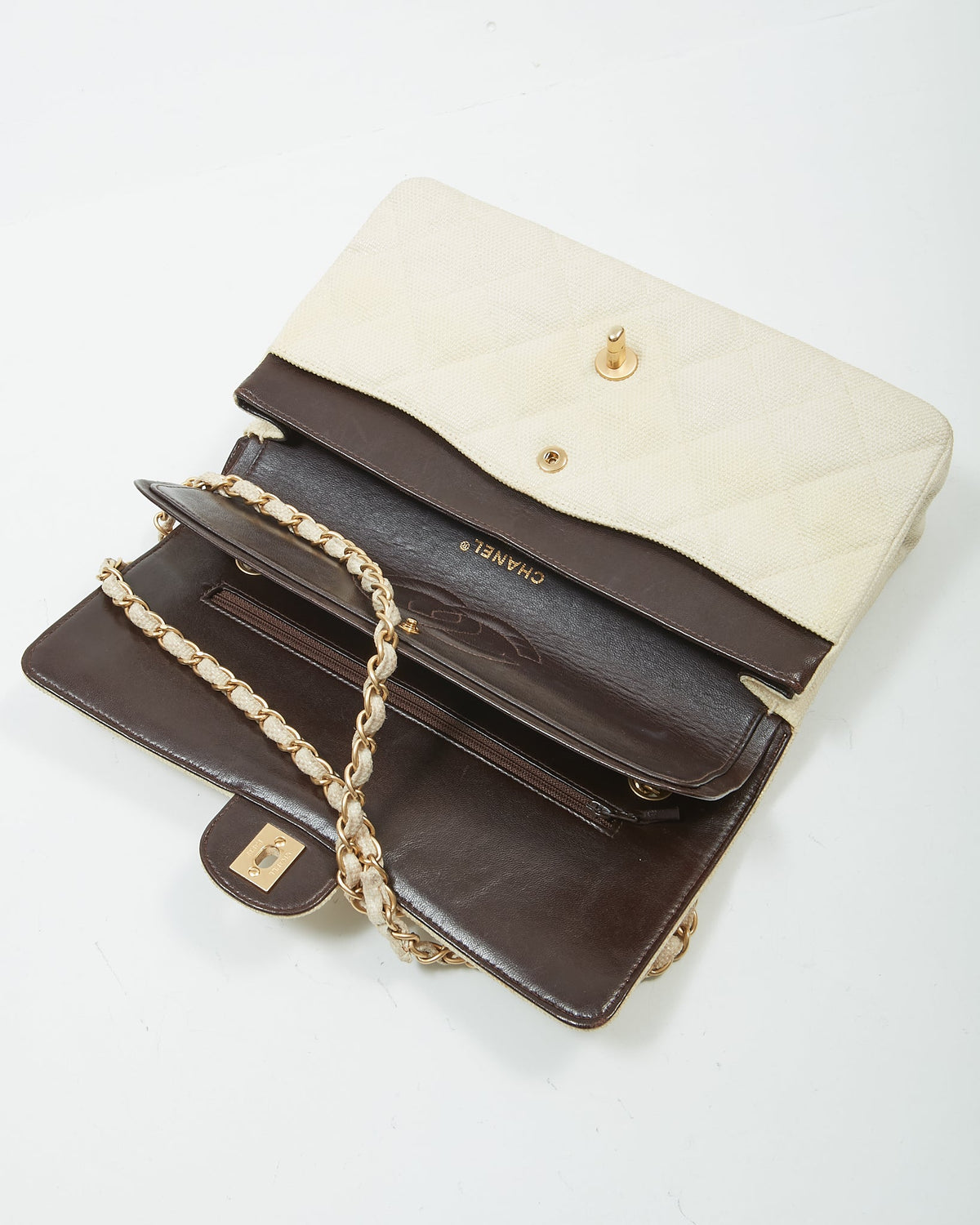 Chanel Vintage Beige Canvas Quilted Medium Double Flap Bag