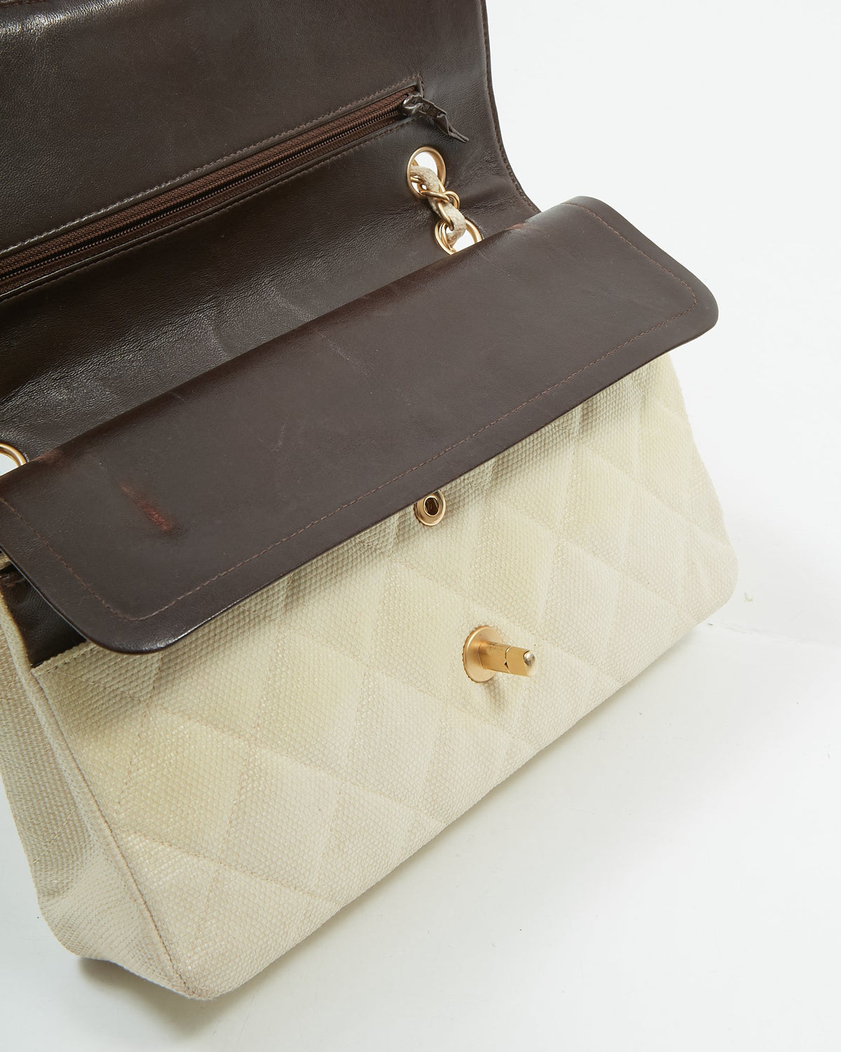 Chanel Vintage Beige Canvas Quilted Medium Double Flap Bag