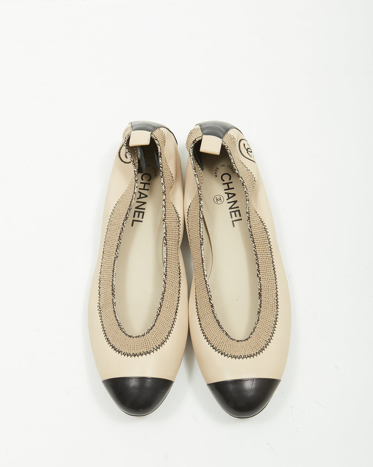 Chanel Taupe Beige & Black Ballerina Flats - 41
