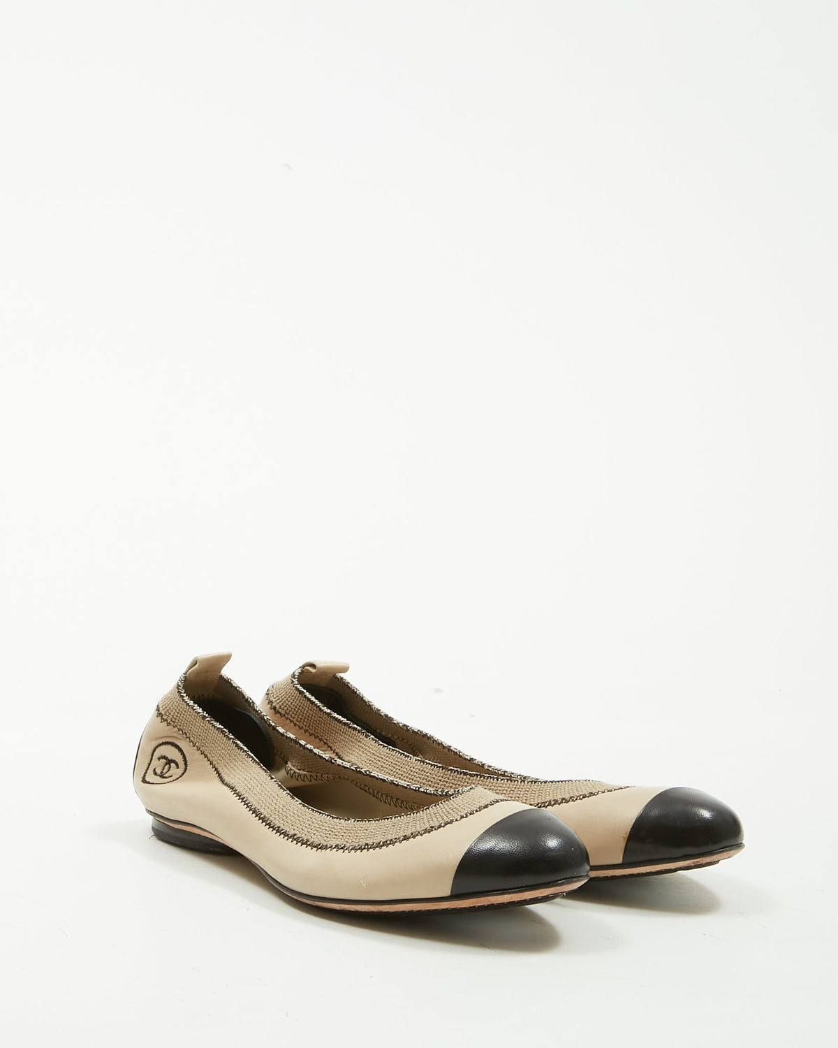 Chanel Taupe Beige & Black Ballerina Flats - 41