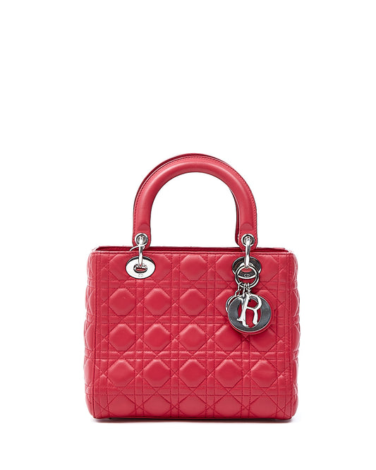 Dior Cherry Red Leather Cannage Medium Lady Dior Bag