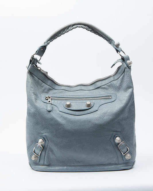 Balenciaga Ice Blue Crinkled Leather Motocross Giant 21 Hobo Bag