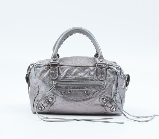 Balenciaga Metallic Silver 2 Way City Motocross Small Bag