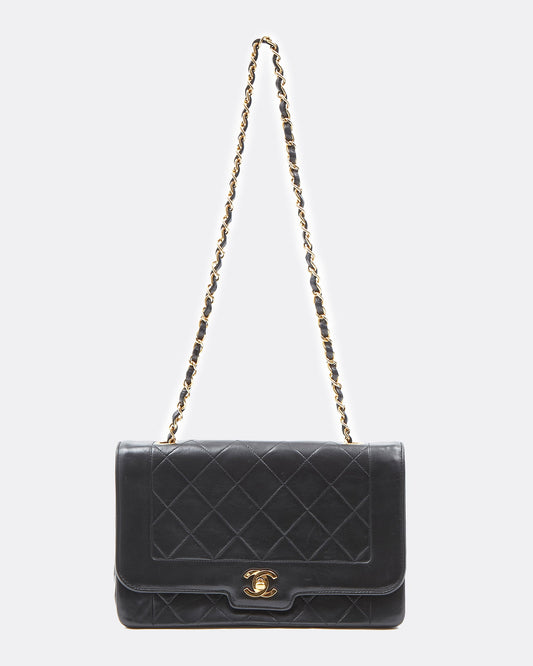 Chanel Black Lambskin Leather Quilted 24K Gold Diana Flap Bag