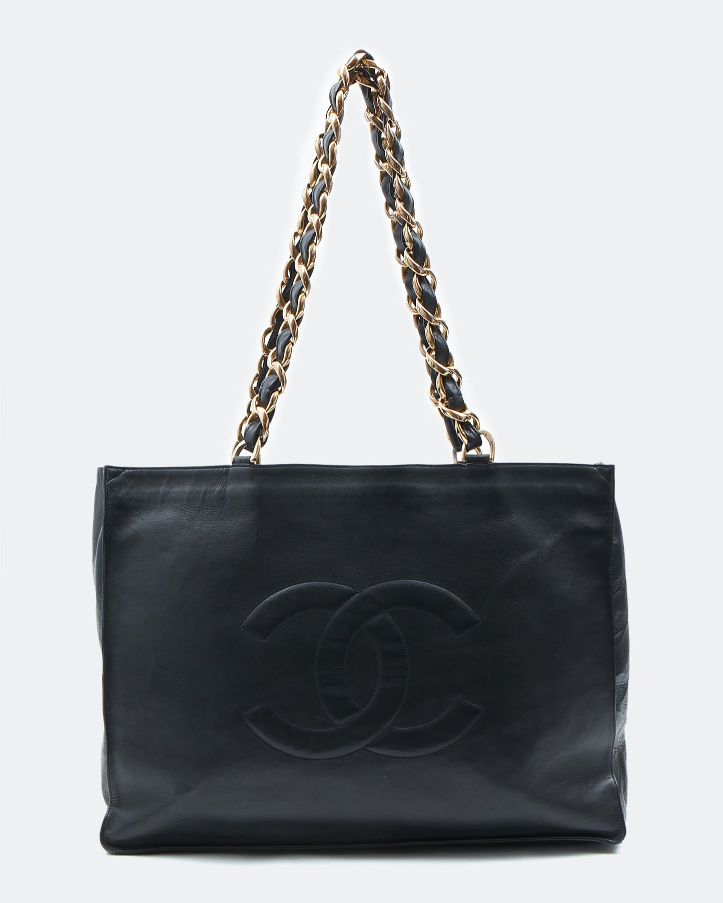 Chanel Black Lambskin Vintage 24K Gold Chain Interlocking CC Tote Bag
