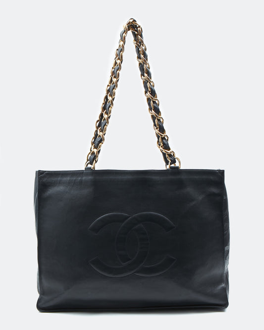 Chanel Black Lambskin Vintage 24K Gold Chain Interlocking CC Tote Bag