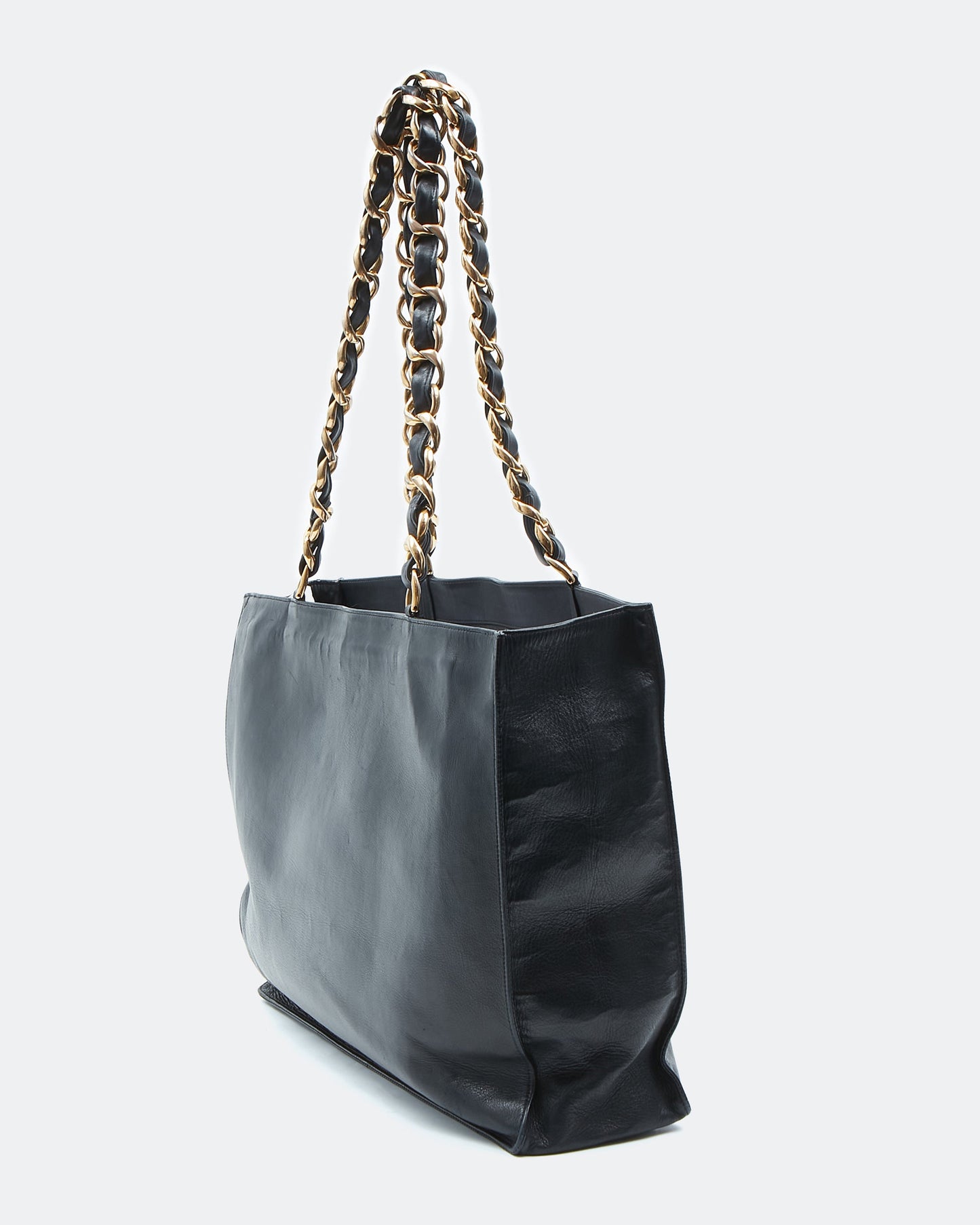 Chanel Black Lambskin Vintage 24K Gold Chain Interlocking CC Tote Bag