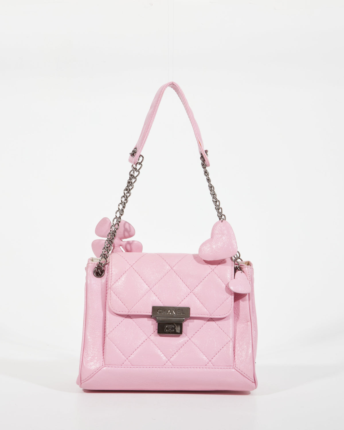 Chanel Pink Crinkled Leather 2003 Flower & Heart Shoulder Bag