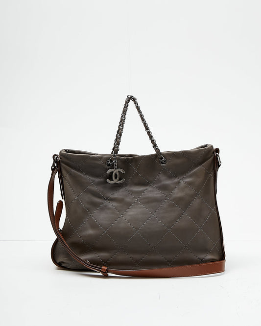 Chanel Grey/Tan Quilted Leather Convertible Messenger Tote Bag