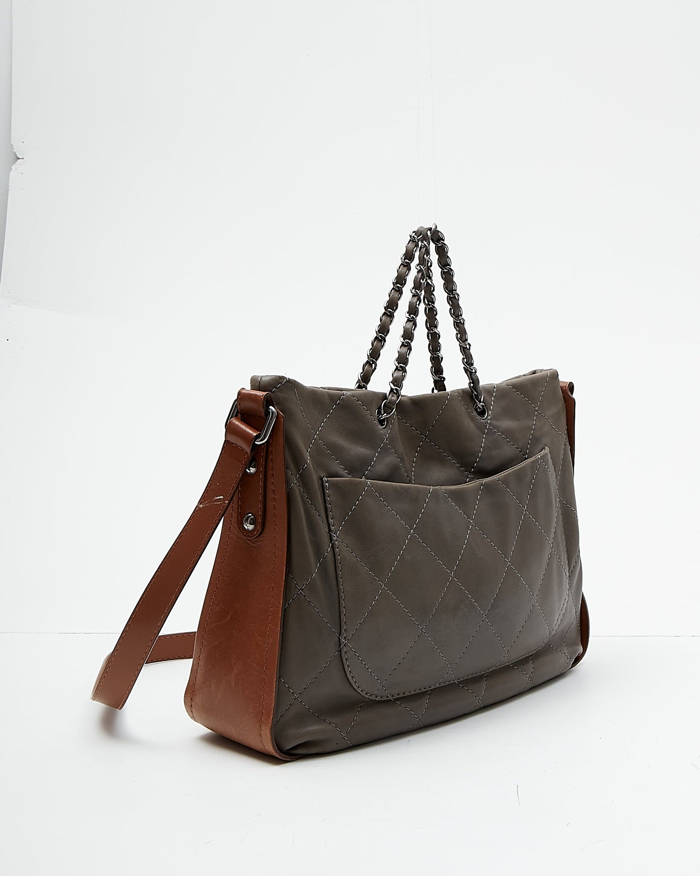 Chanel Grey/Tan Quilted Leather Convertible Messenger Tote Bag