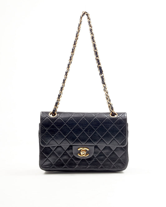 Chanel Black Lambskin Vintage 24K Gold Plated Small Classic Double Flap Bag