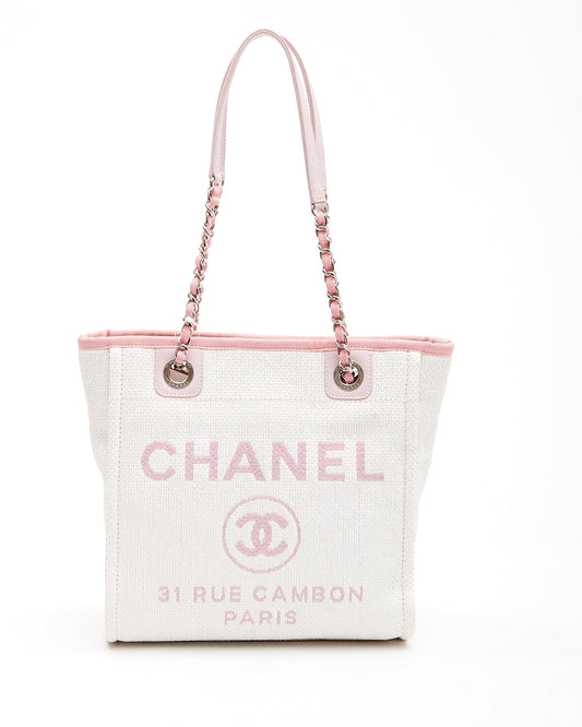 Chanel Cream & Pink Canvas Small Deauville Small Tote Bag