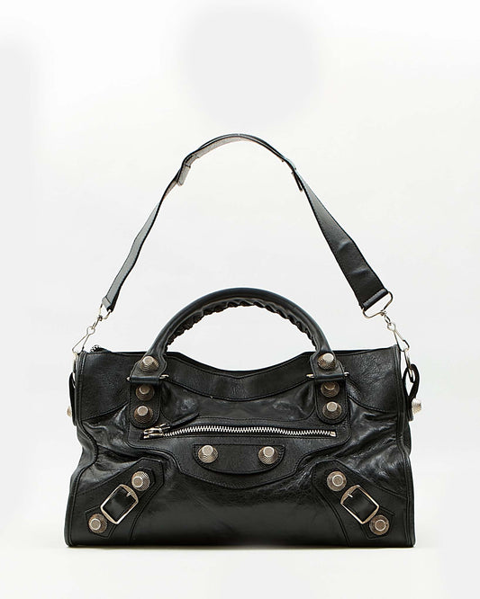 Balenciaga Black Crinkle Leather City Giant 21 Motocross Shoulder Bag