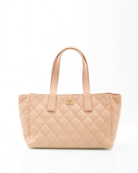 Chanel Beige Lambskin Leather CC Wild Stitch Tote Bag + Pochette