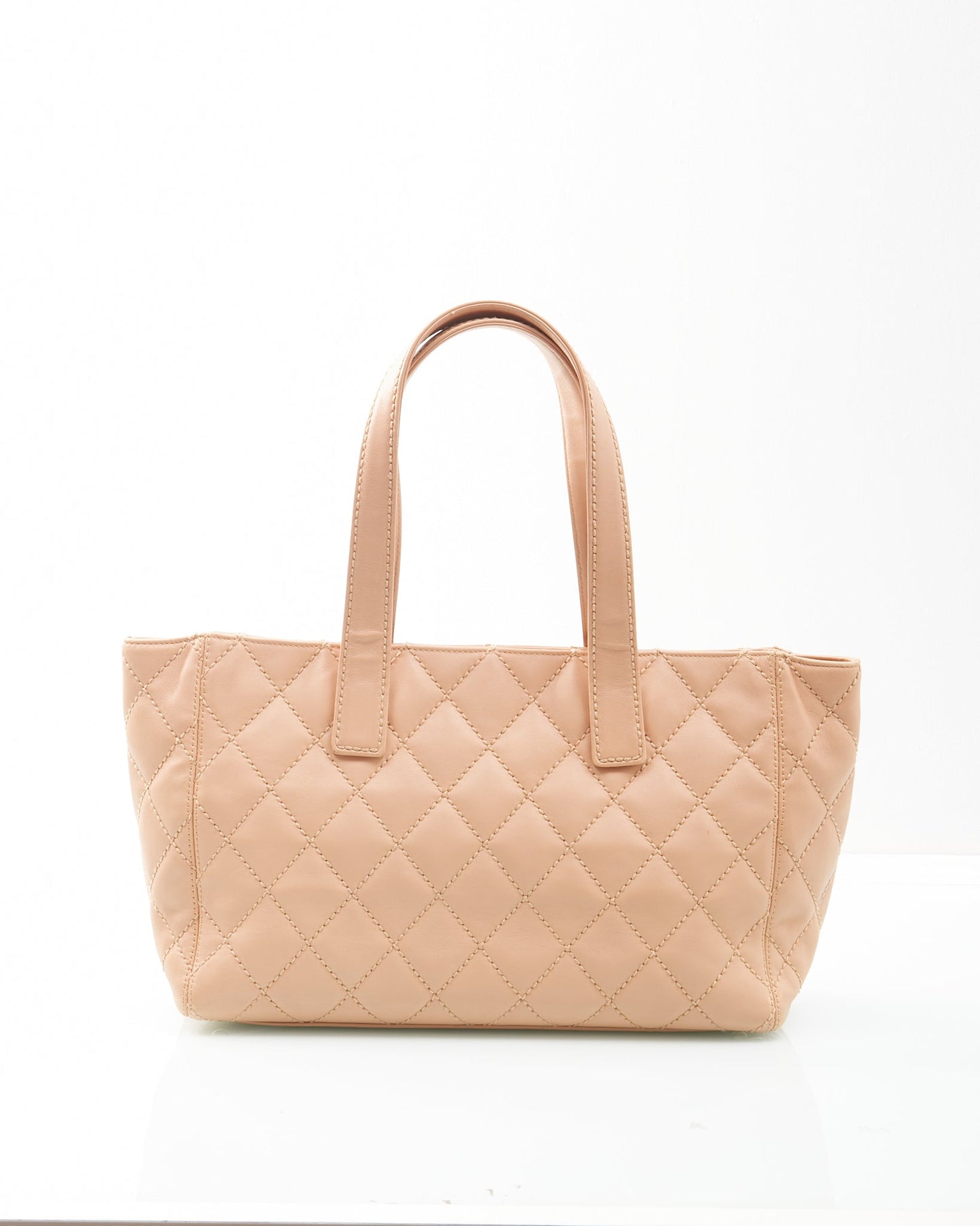 Chanel Beige Lambskin Leather CC Wild Stitch Tote Bag + Pochette