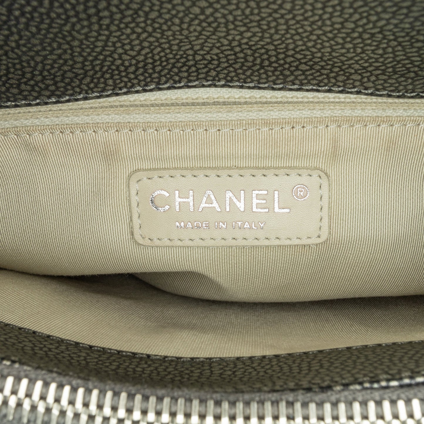 Silver Chanel Metallic Caviar Grand Shopping Tote