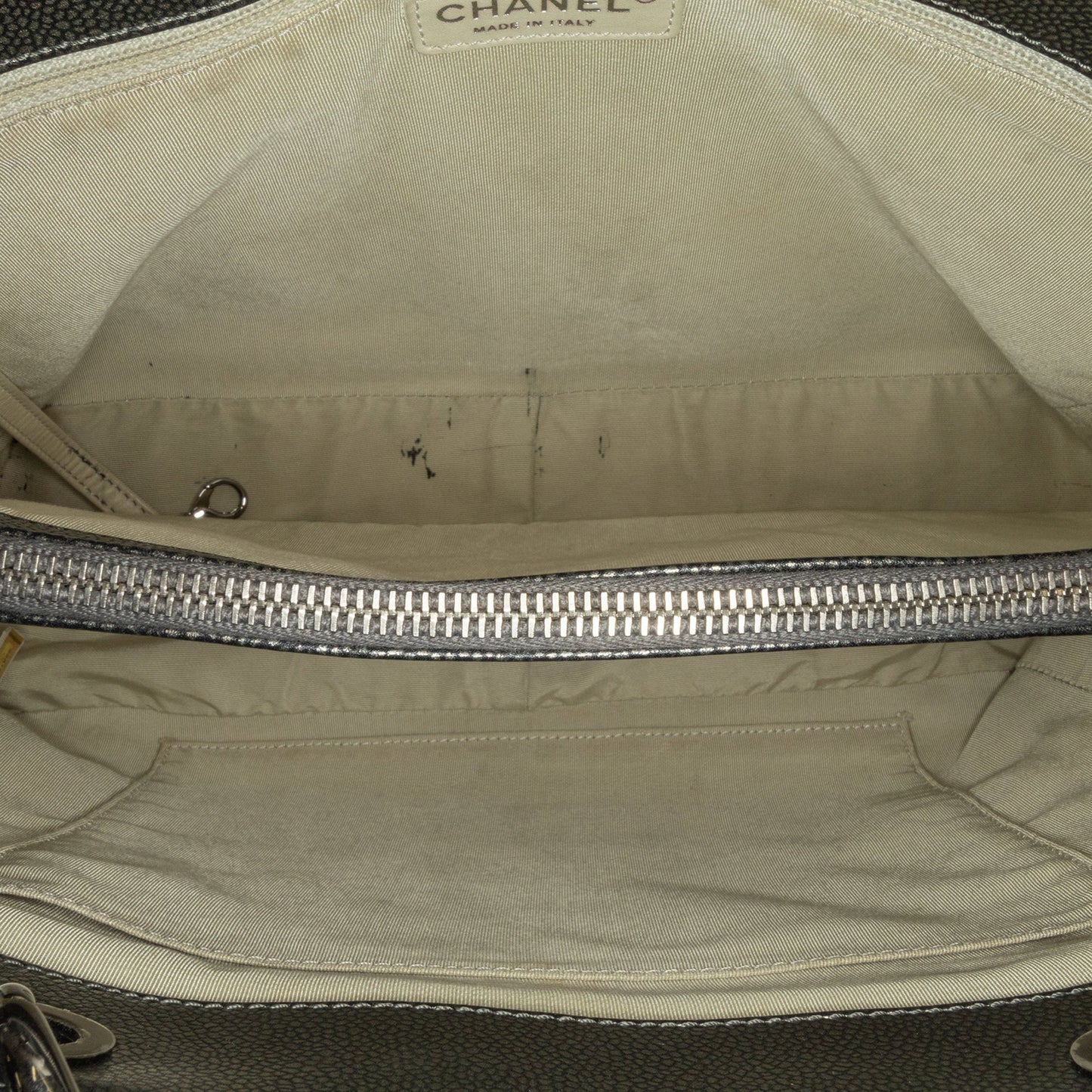Silver Chanel Metallic Caviar Grand Shopping Tote