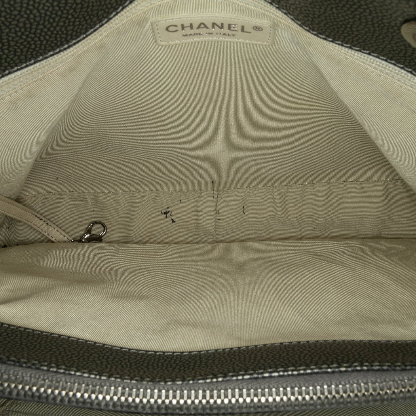 Silver Chanel Metallic Caviar Grand Shopping Tote