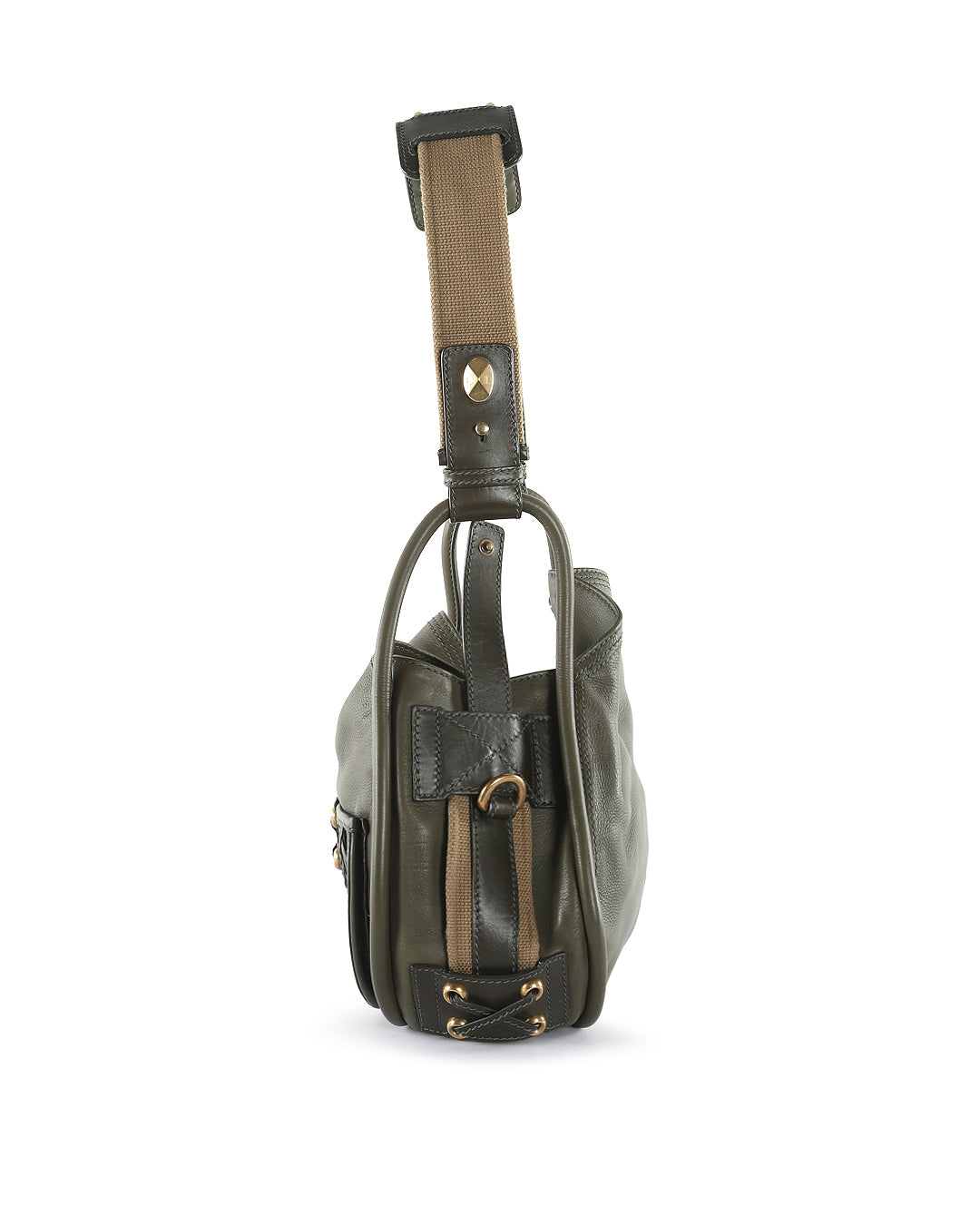 CHRISTIAN DIOR Olive Green Calfskin Leather Woven Pocket Satchel Bag