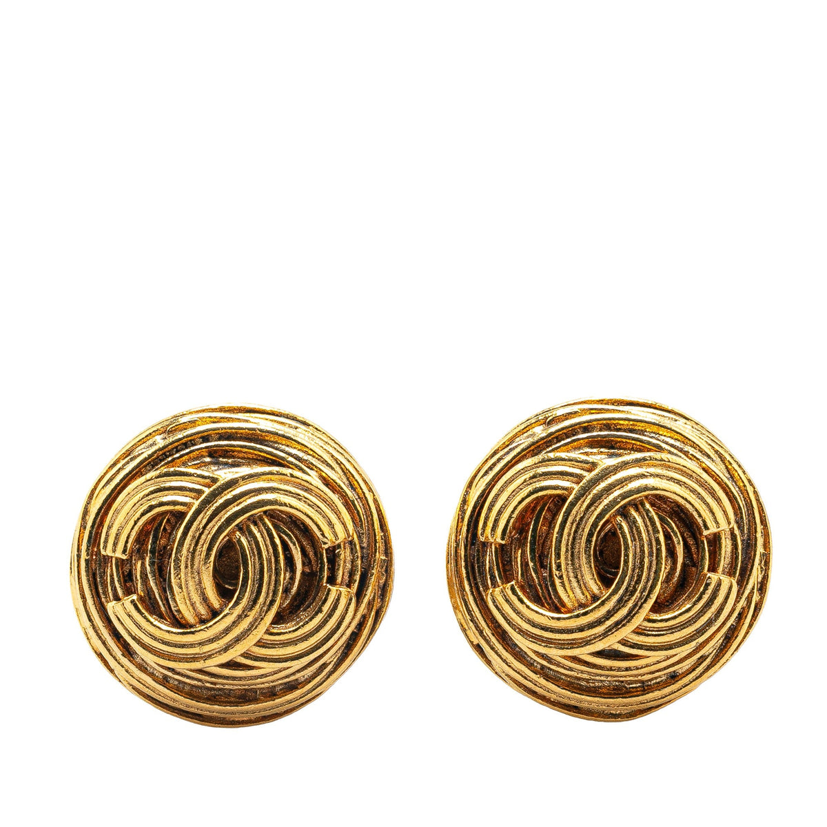 Gold Chanel Gold Plated CC Round Clip On Earrings