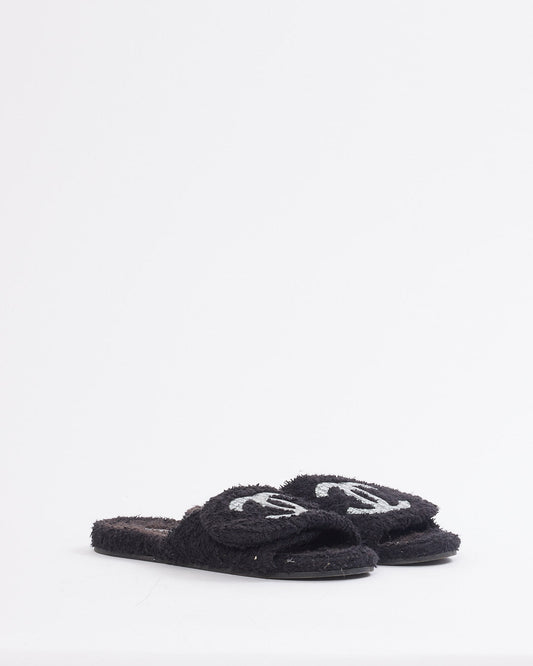 Chanel Black/White Terry Cloth CC Logo Slides - 39