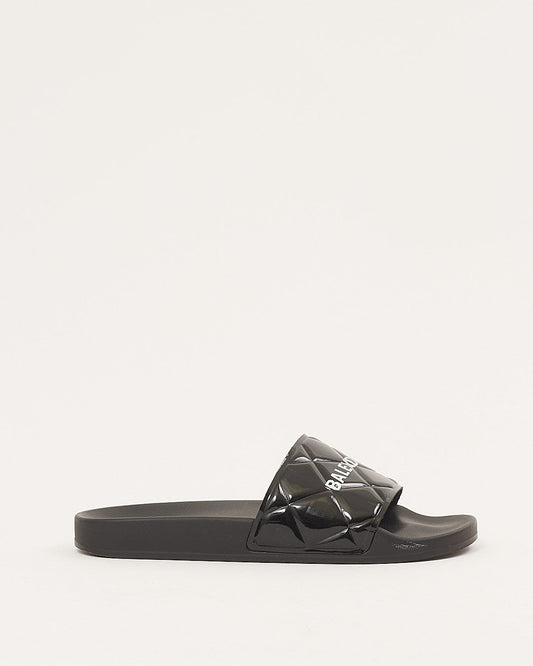 Balenciaga Patent Leather Quilted Logo Pool Slides - 40