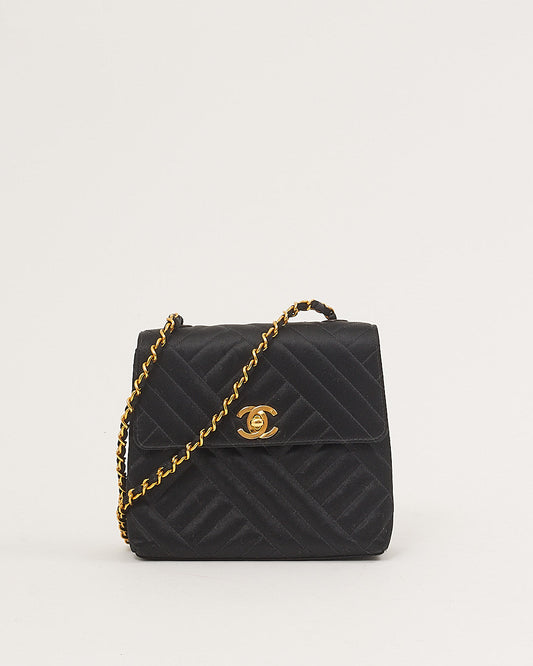 Chanel Black Satin 24K Gold Plated Vintage Square Flap Bag